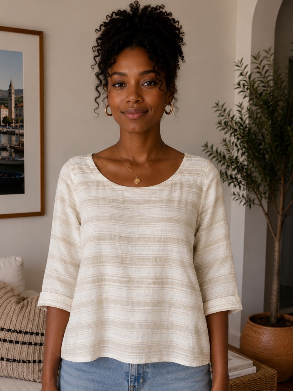 Sigrid Olsen Linen Blend Popover Top Beige Size L Relaxed Fit Coastal Lagenlook